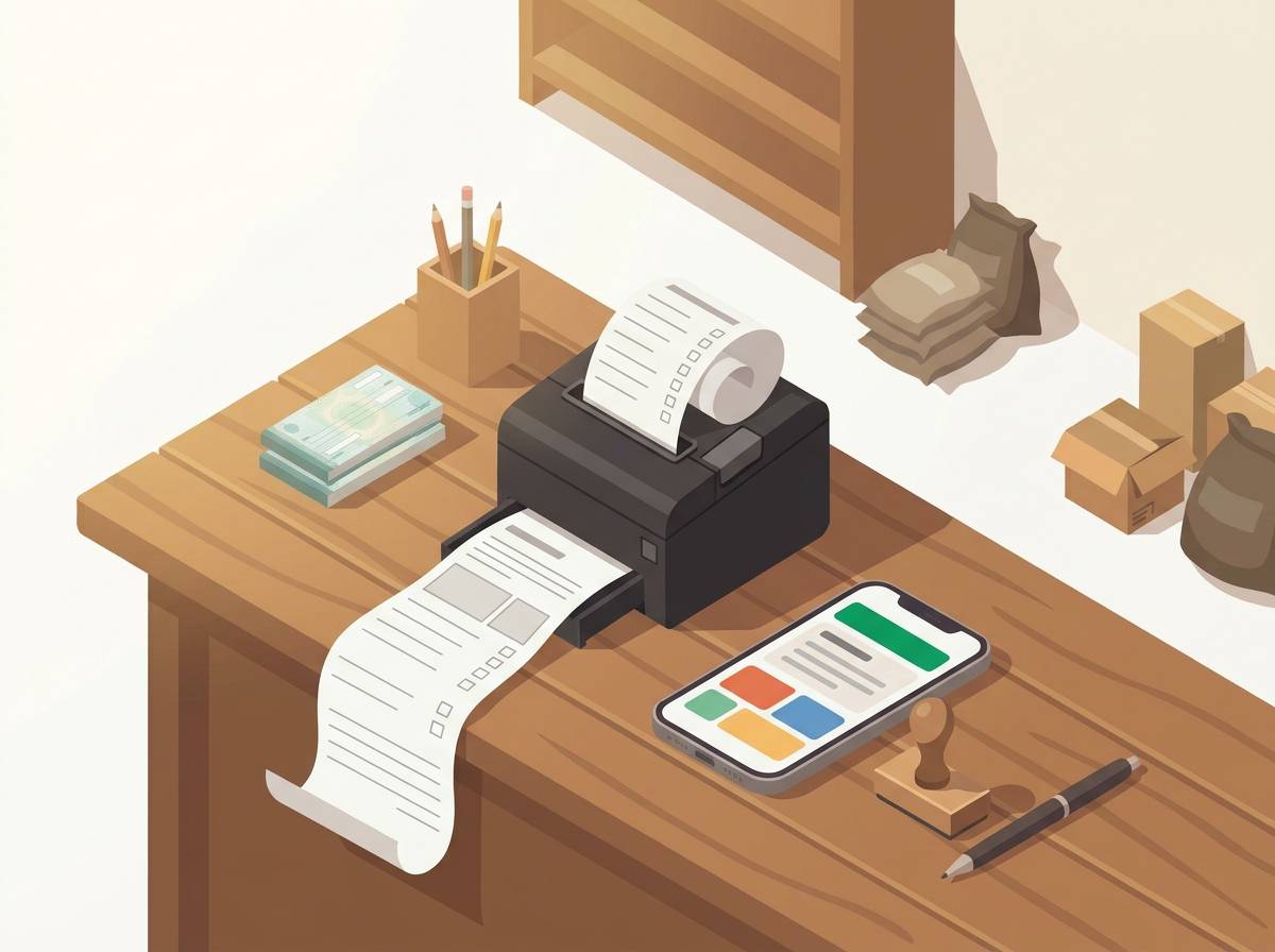 چاپگر فاکتور روی پیشخوان، کنار گوشی و مهر