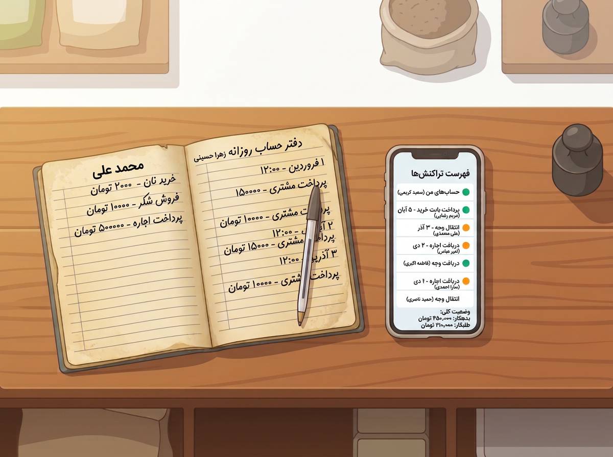 دفتر حساب کاغذی کنار گوشی